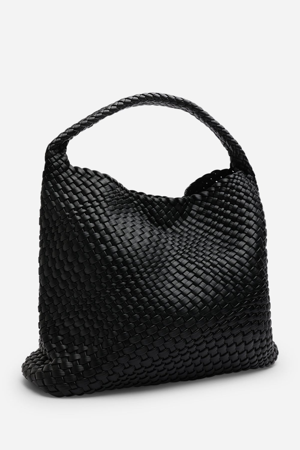 Stone Weave Detail Black Faux Leather Shoulder Bag