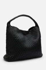 Stone Weave Detail Black Faux Leather Shoulder Bag