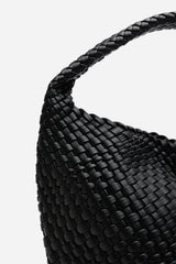 Stone Weave Detail Black Faux Leather Shoulder Bag