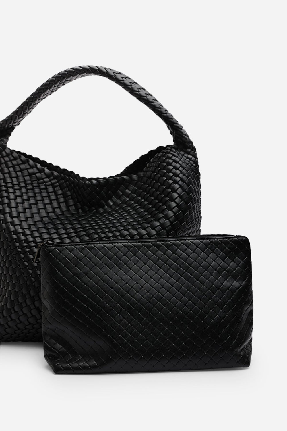 Stone Weave Detail Black Faux Leather Shoulder Bag