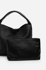 Stone Weave Detail Black Faux Leather Shoulder Bag