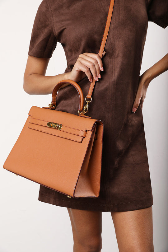 Atoll Structured Faux Leather Top Handle Bag in Tan