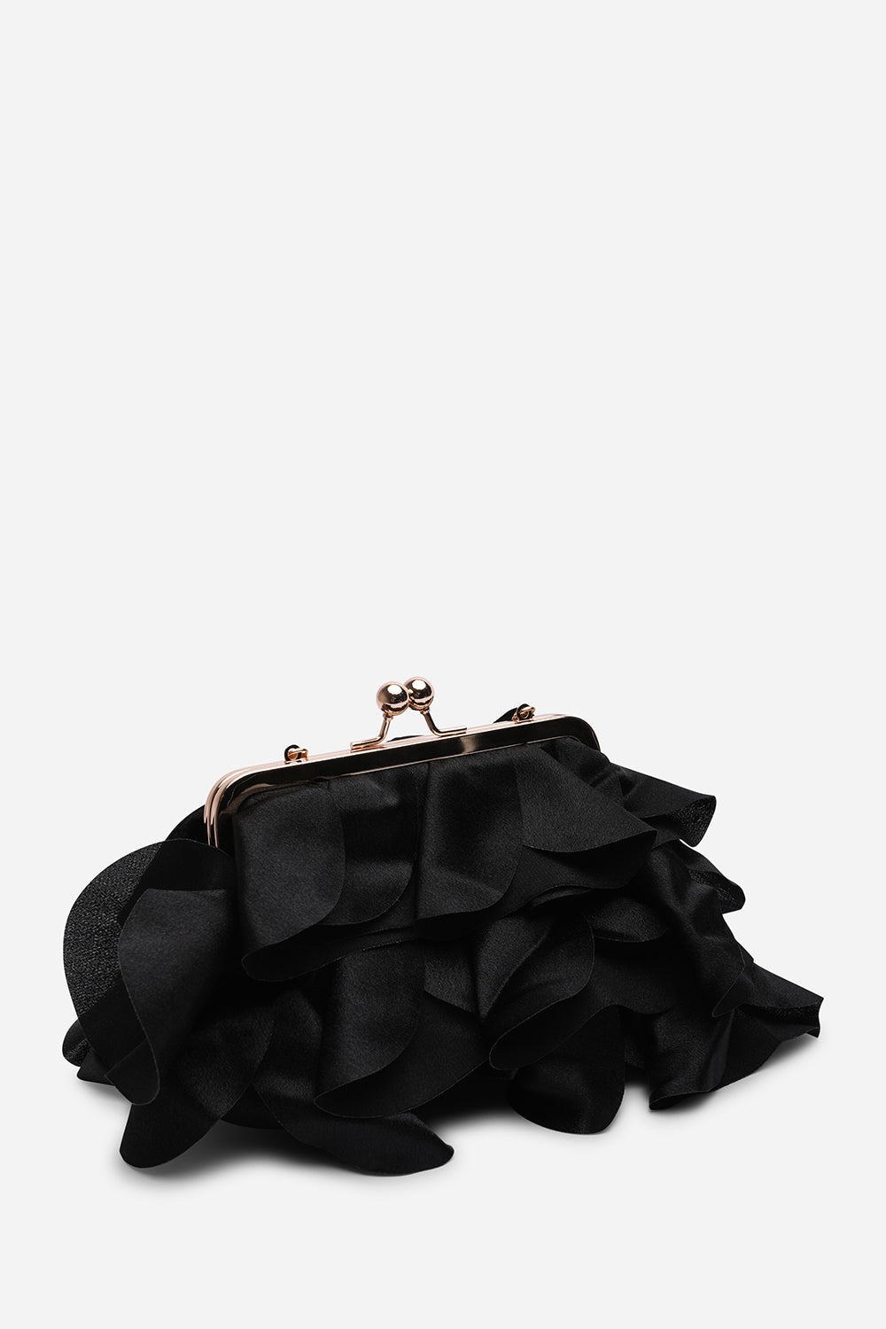 Brume Ruffled Satin Kiss Lock Clutch Bag in Black