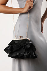 Brume Ruffled Satin Kiss Lock Clutch Bag in Black