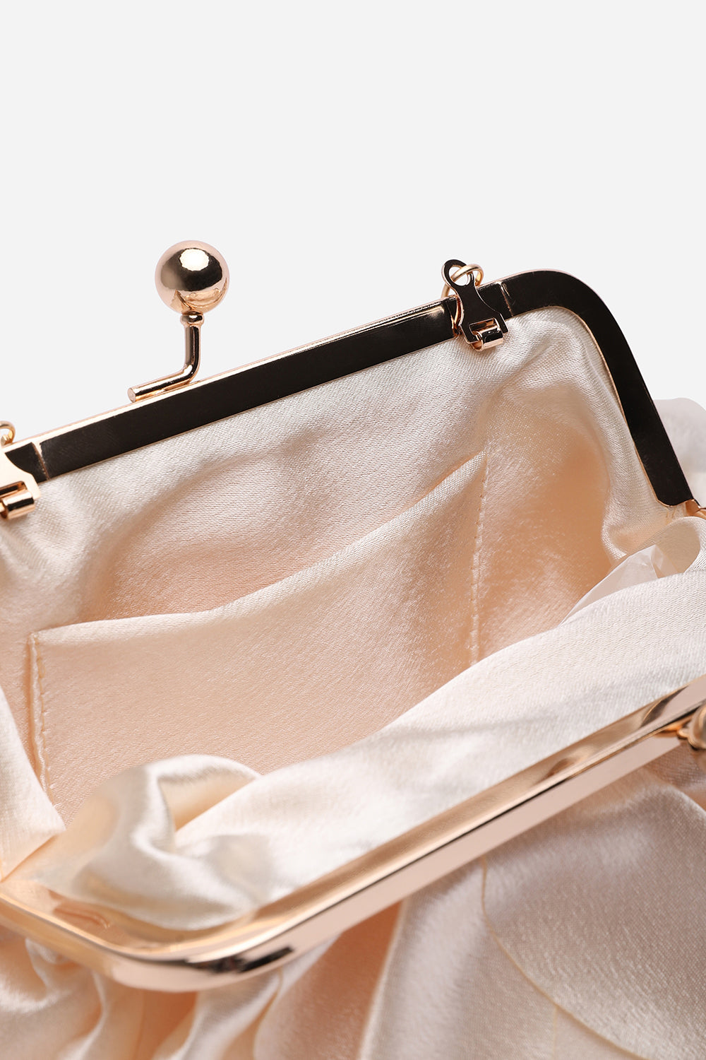 Brume Ruffled Satin Kiss Lock Clutch Bag in Champagne
