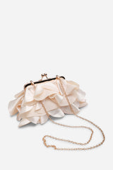 Brume Ruffled Satin Kiss Lock Clutch Bag in Champagne