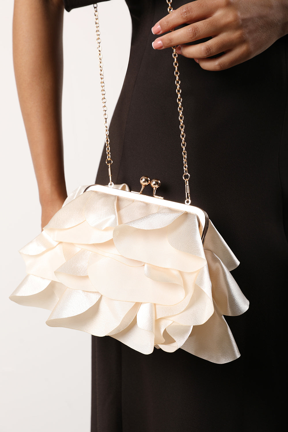 Brume Ruffled Satin Kiss Lock Clutch Bag in Champagne