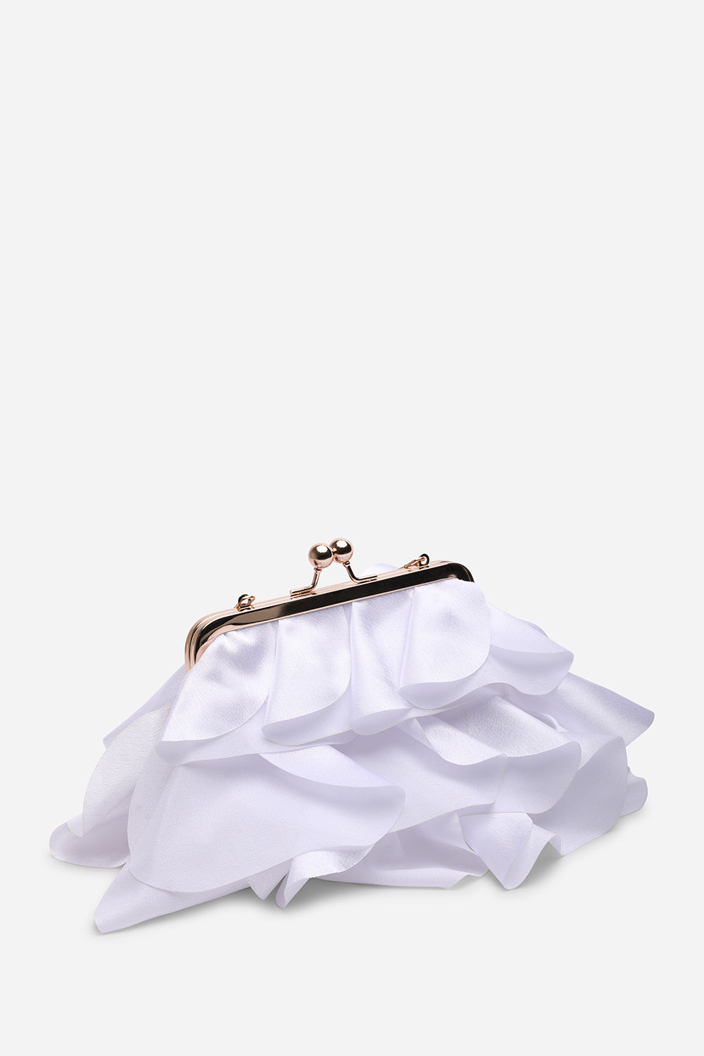 Brume Ruffled Satin Kiss Lock Clutch Bag in Silver