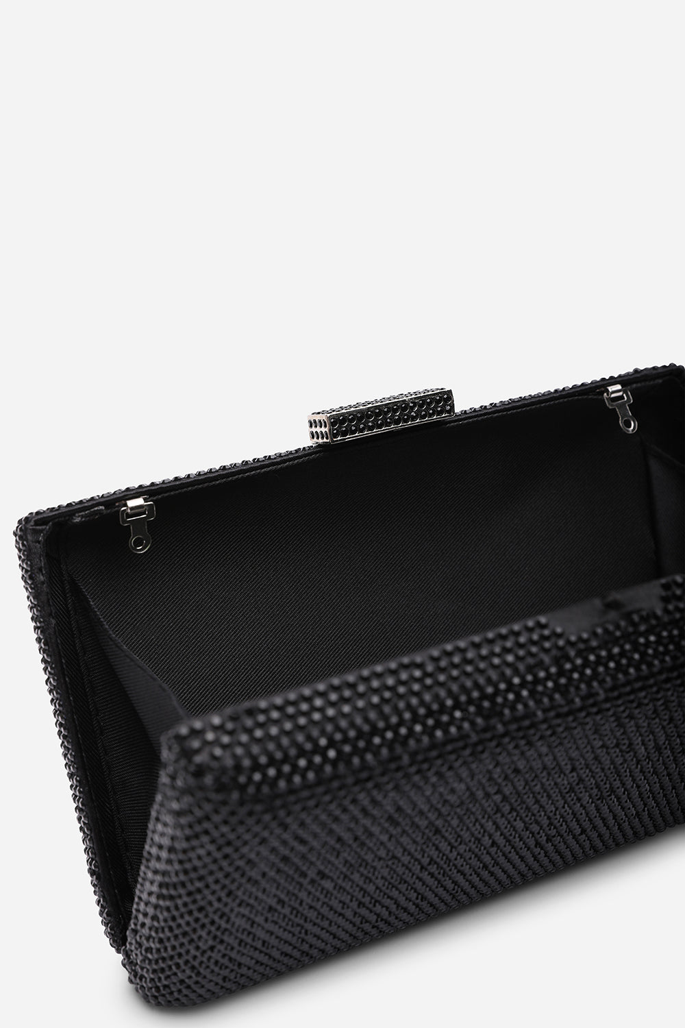 Veil Embellished Hard Case Evening Clutch Bag in Black