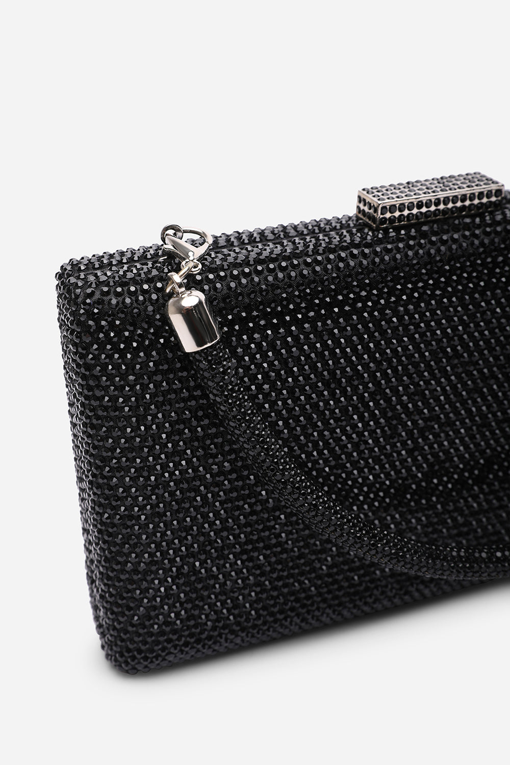 Veil Embellished Hard Case Evening Clutch Bag in Black