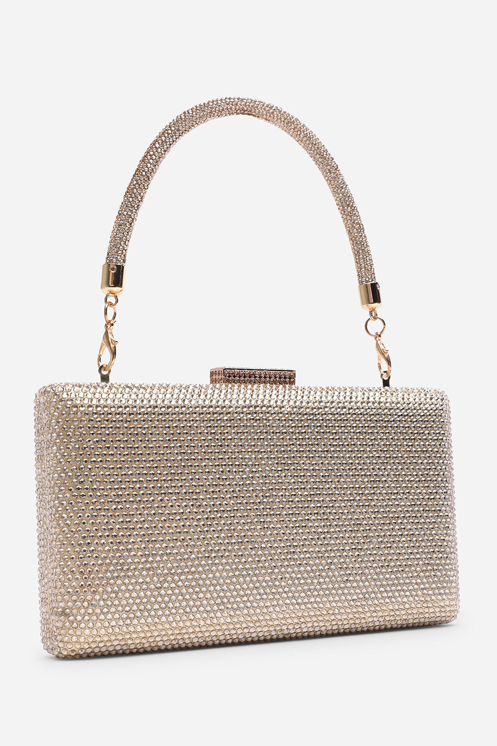 Veil Embellished Hard Case Evening Clutch Bag in Gold