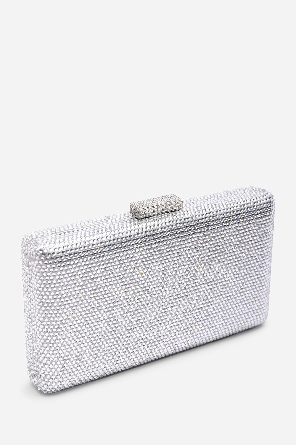 Veil Embellished Hard Case Evening Clutch Bag in Silver