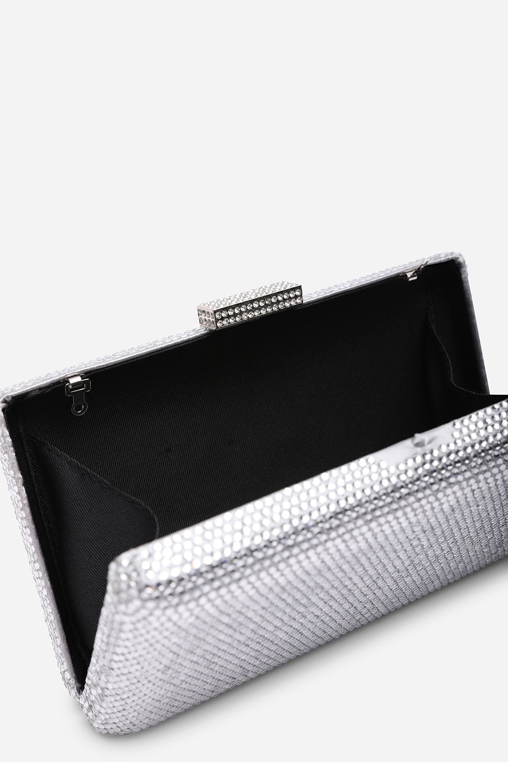 Veil Embellished Hard Case Evening Clutch Bag in Silver