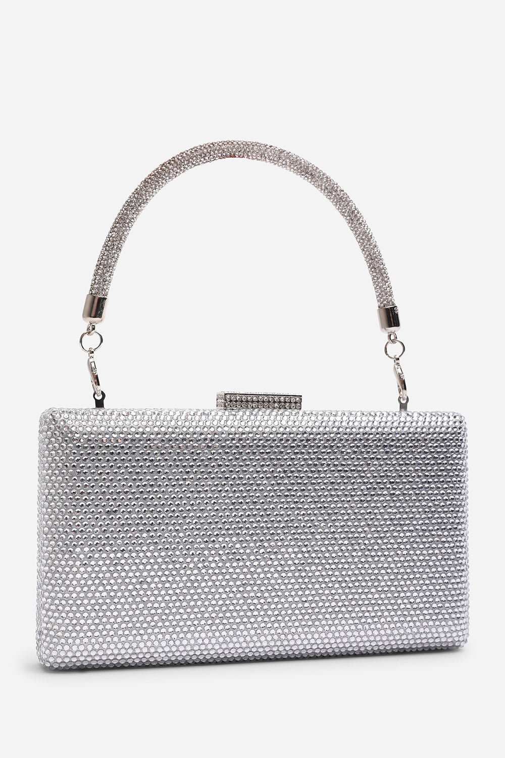 Veil Embellished Hard Case Evening Clutch Bag in Silver