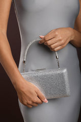 Veil Embellished Hard Case Evening Clutch Bag in Silver