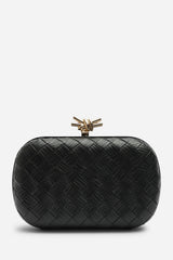 Helixa Leather Woven Hard Shell Clutch Bag with Knot Clasp Detail