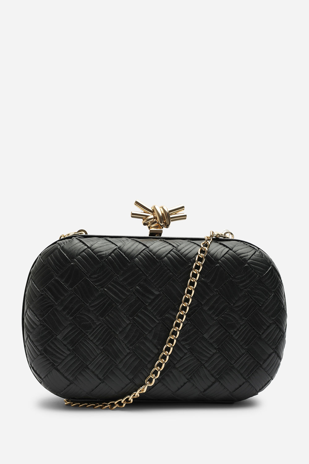 Helixa Leather Woven Hard Shell Clutch Bag with Knot Clasp Detail