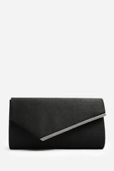 Hivelle Black Satin Envelope Clutch Bag With Silver Diamante Detail