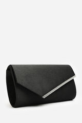 Hivelle Black Satin Envelope Clutch Bag With Silver Diamante Detail