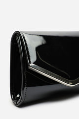Hovena Black Patent Asymmetric Envelope Clutch With Silver Trim