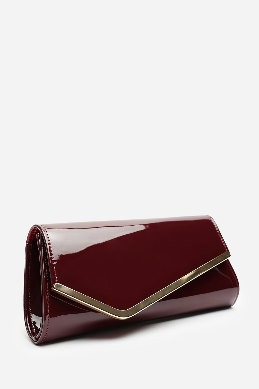 Hovena Burgundy Patent Asymmetric Envelope Clutch With Silver Trim