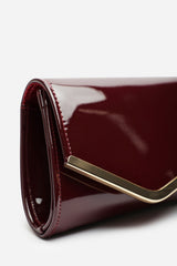 Hovena Burgundy Patent Asymmetric Envelope Clutch With Silver Trim