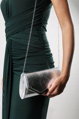 Hovena Silver Crinkle Metallic Asymmetric Envelope Clutch With Silver Trim