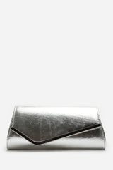 Hovena Silver Crinkle Metallic Asymmetric Envelope Clutch With Silver Trim