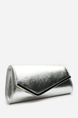 Hovena Silver Crinkle Metallic Asymmetric Envelope Clutch With Silver Trim