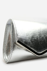 Hovena Silver Crinkle Metallic Asymmetric Envelope Clutch With Silver Trim
