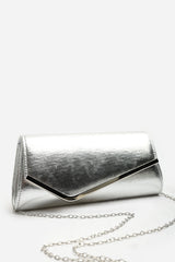Hovena Silver Crinkle Metallic Asymmetric Envelope Clutch With Silver Trim