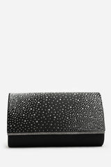 Lavira Black Satin Diamante Stud Clutch Bag With Diamante Trim