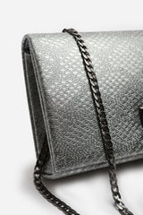 Lurexa Silver Metalic Snake Clutch & Crossbody Bag With Twist Lock Detail and Chain