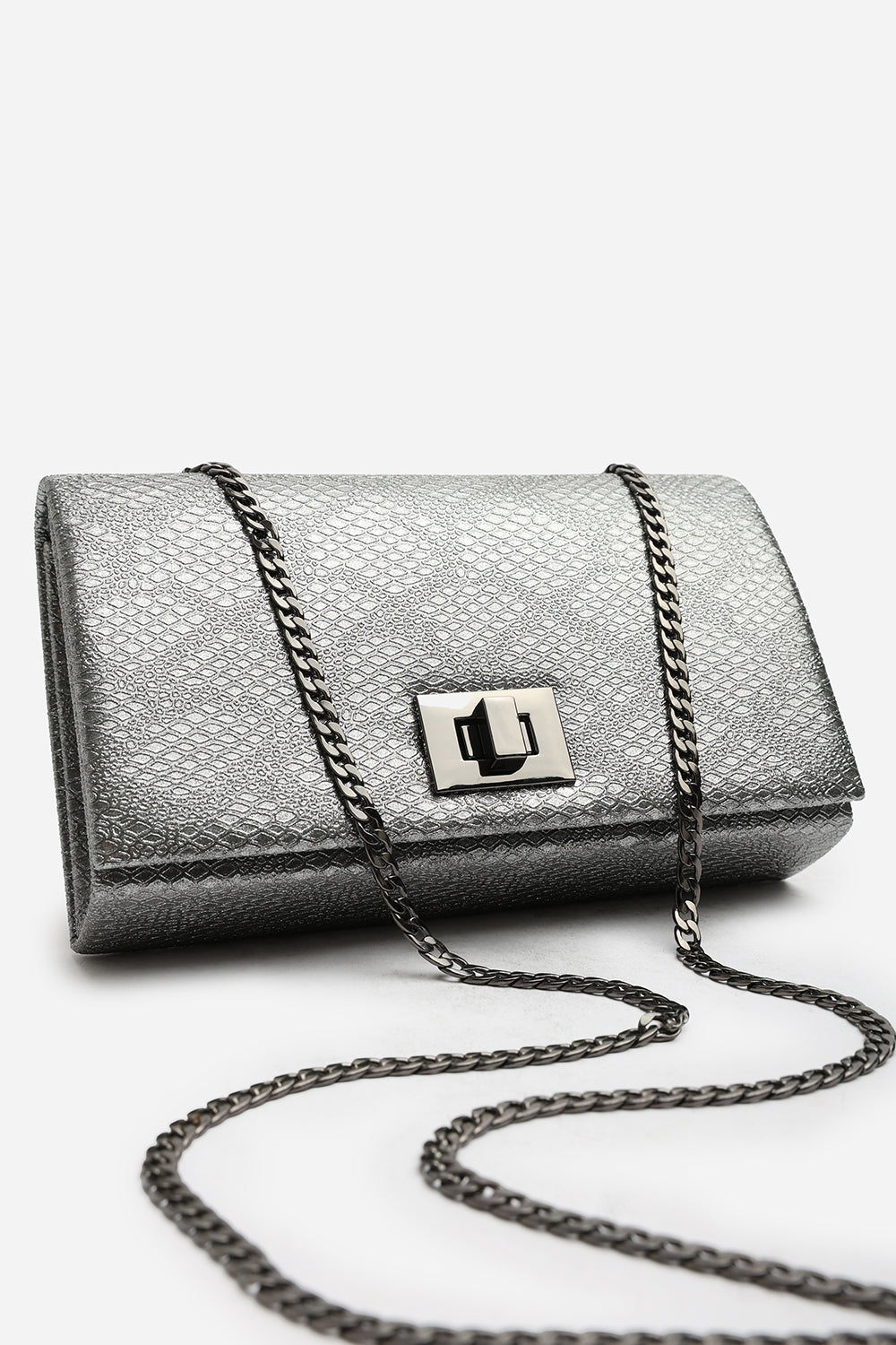 Lurexa Silver Metalic Snake Clutch & Crossbody Bag With Twist Lock Detail and Chain
