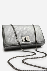 Lurexa Silver Metalic Snake Clutch & Crossbody Bag With Twist Lock Detail and Chain