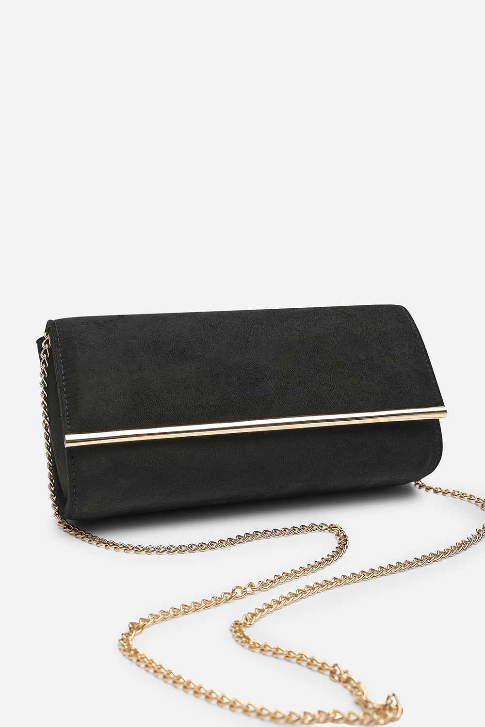 Mavelle Fold Over Gold Trim Clutch Cross Body Bag In Black Suede