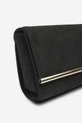 Mavelle Fold Over Gold Trim Clutch Cross Body Bag In Black Suede