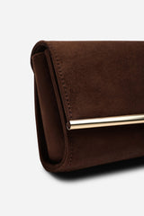 Mavelle Fold Over Gold Trim Clutch Cross Body Bag In Brown Suede
