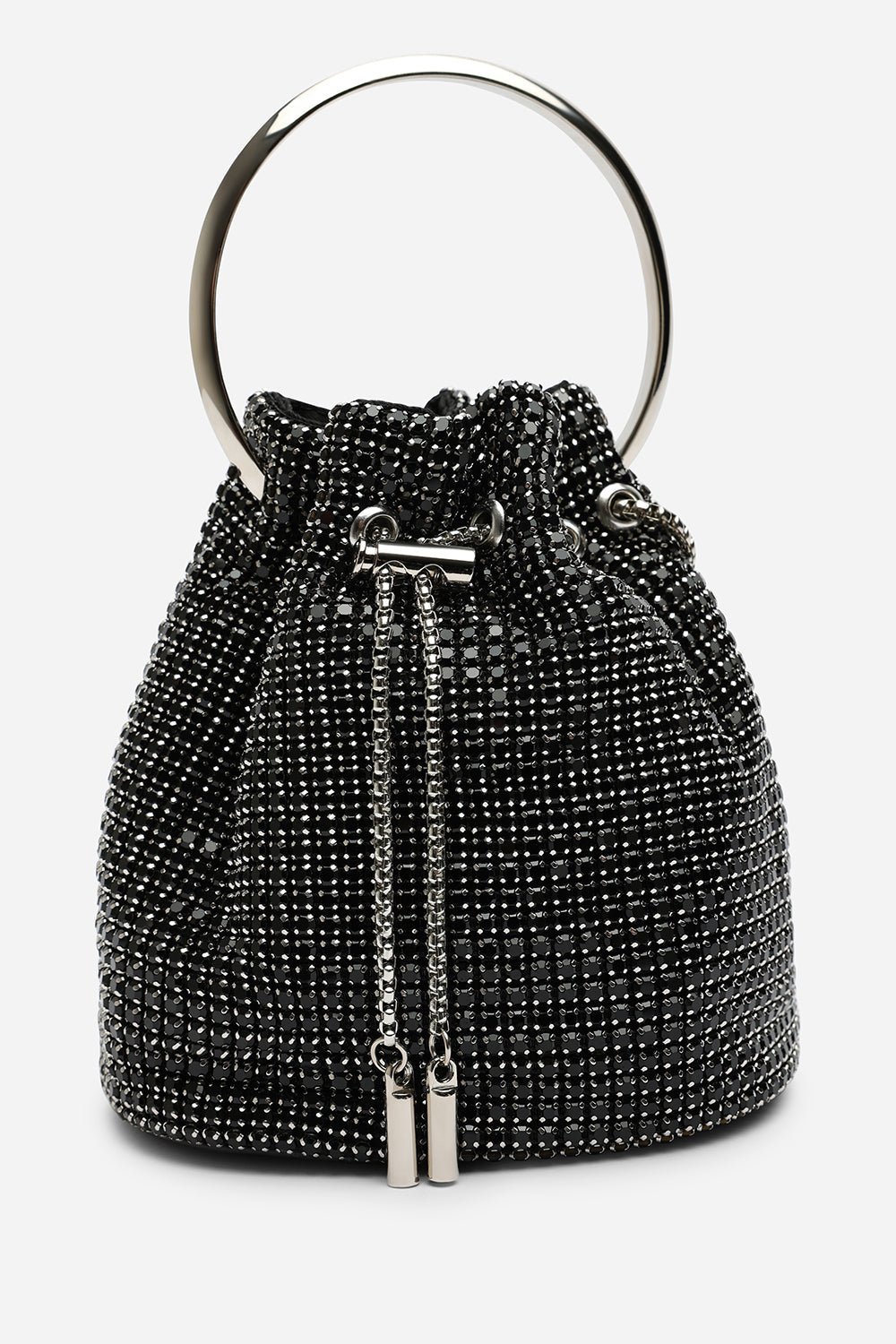 Melixa Embellished Diamante Bucket Bag With Bracelet Ring Handle In Black