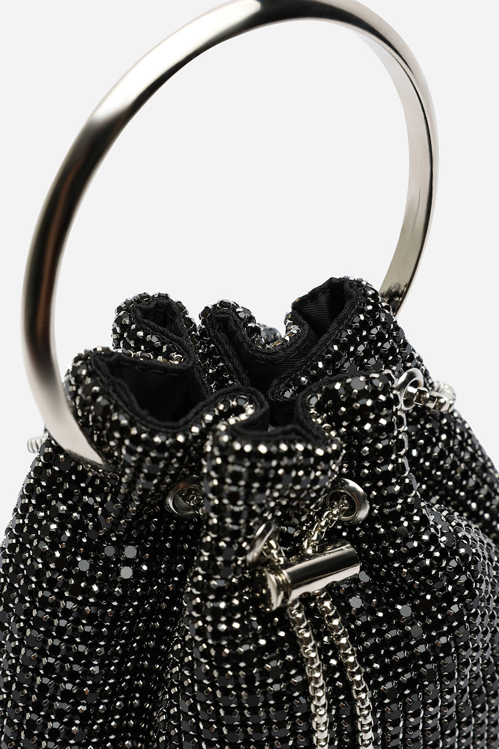Melixa Embellished Diamante Bucket Bag With Bracelet Ring Handle In Black