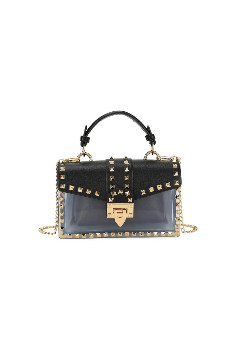 EUTONY SMALL BAG WITH POINTED STUDS AND TRANSPARENT DETAIL IN BLACK FAUX LEATHER