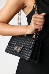 Frost Woven Crossbody Bag With Gold Chain Strap In Black
