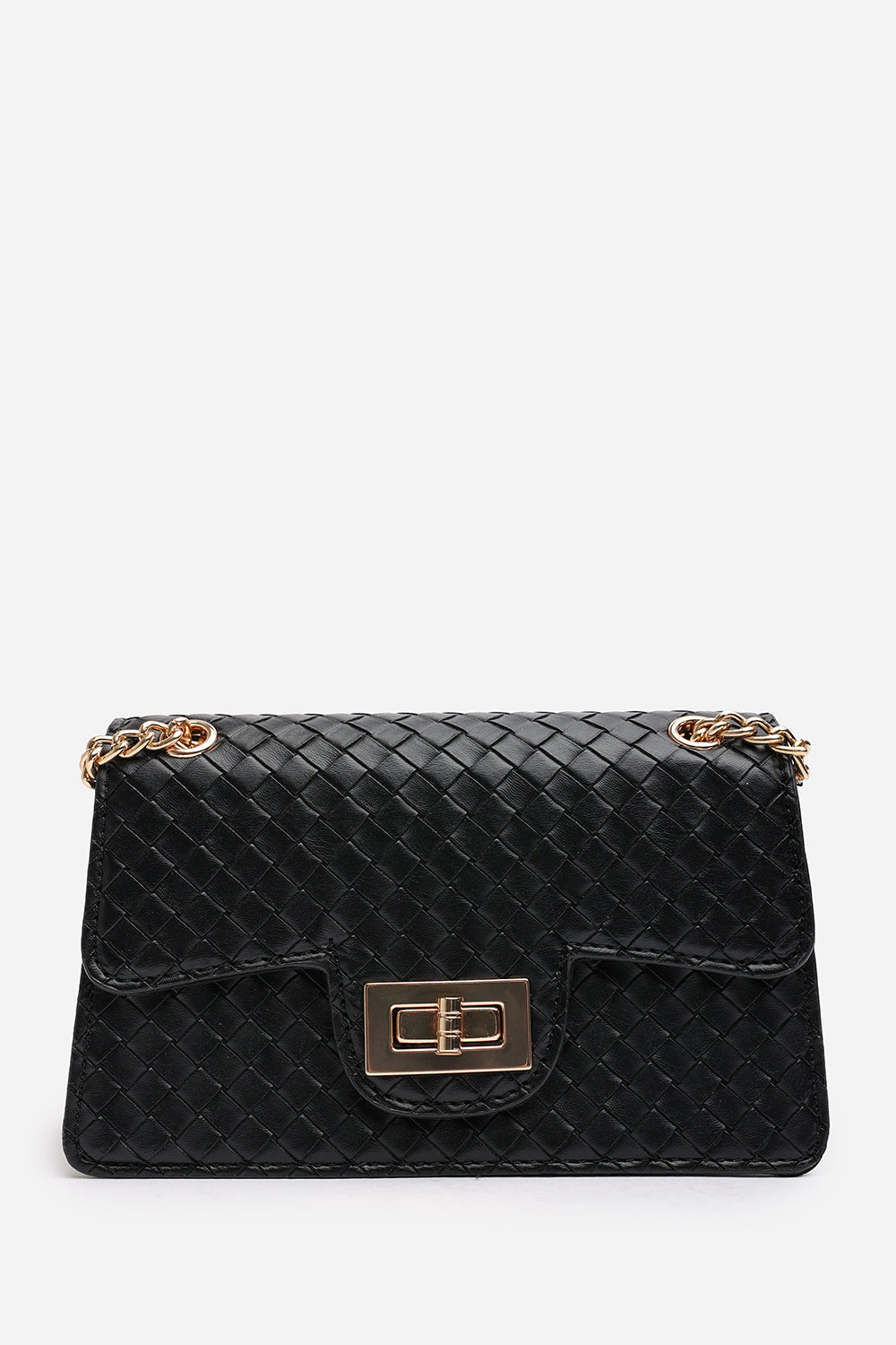 Frost Woven Crossbody Bag With Gold Chain Strap In Black