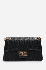 Frost Woven Crossbody Bag With Gold Chain Strap In Black