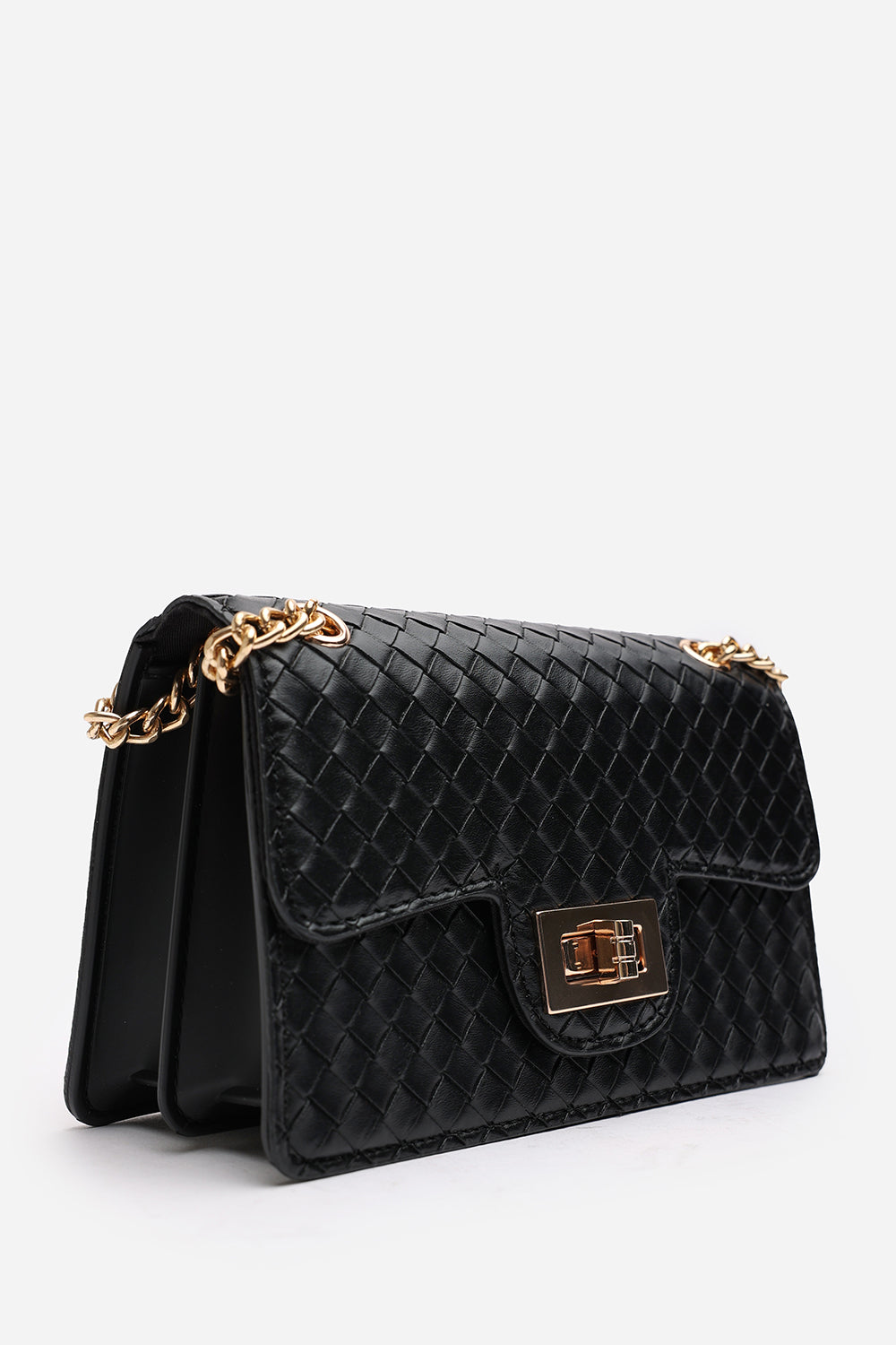 Frost Woven Crossbody Bag With Gold Chain Strap In Black
