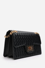 Frost Woven Crossbody Bag With Gold Chain Strap In Black