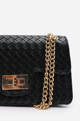 Frost Woven Crossbody Bag With Gold Chain Strap In Black