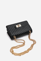 Frost Woven Crossbody Bag With Gold Chain Strap In Black
