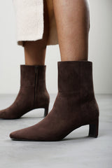 Hirlis Dark Brown Faux Suede Snipped Toe Heeled Ankle Boot