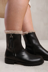 ARTIC WIDE FIT MID CALF BOOT WITH FUR TRIM IN BLACK FAUX LEATHER